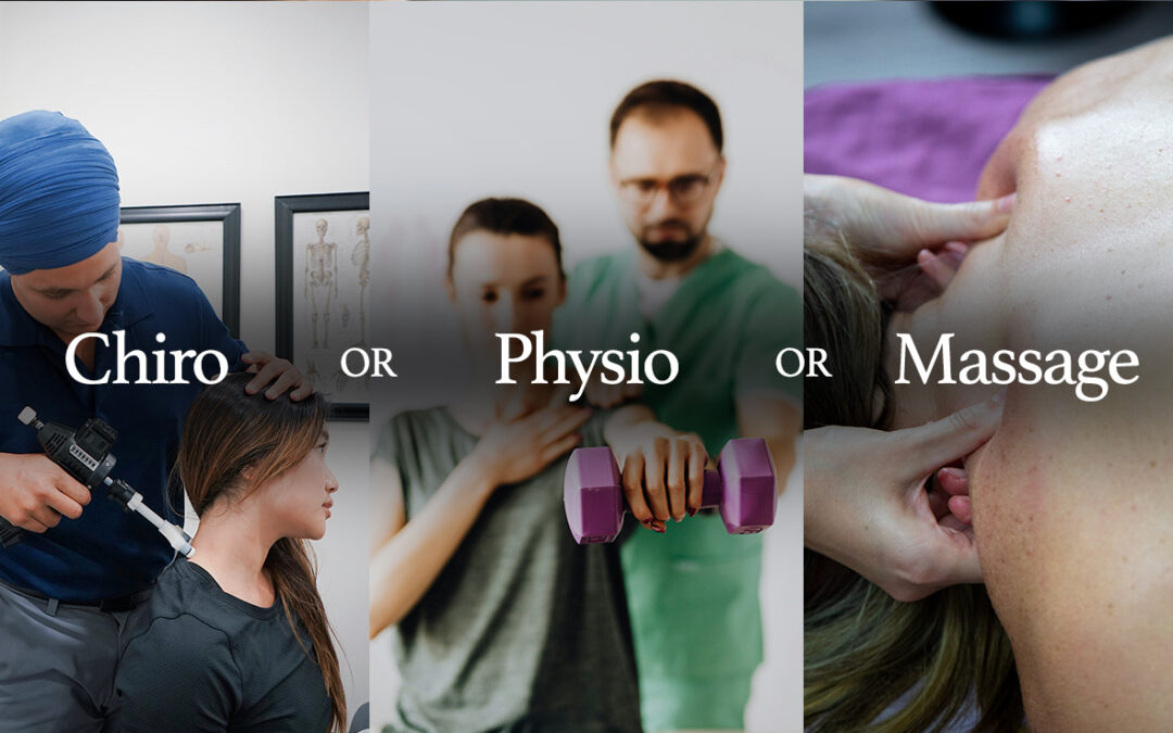 A collage contrasting chiropractic care, physiotherapy, and massage therapy, highlighting different approaches to body wellness